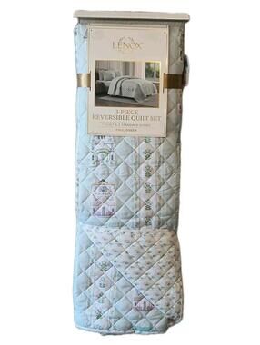 Nwt Lenox Lennox Spice Village Houses Reversible Blue King 3 Piece Quilt Set